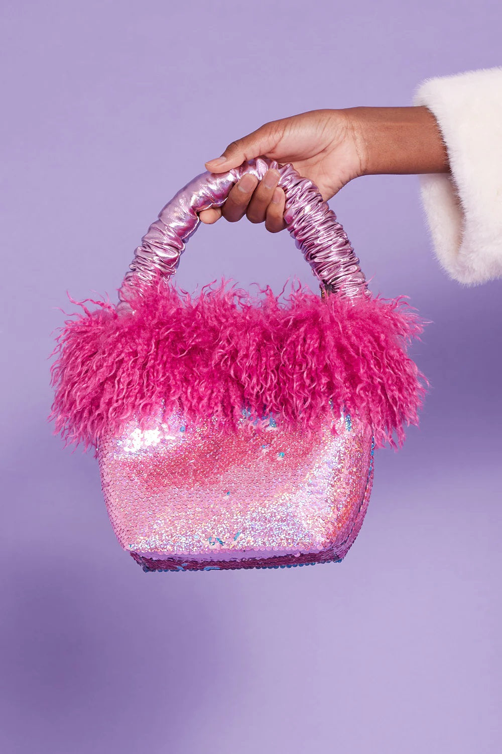 Pink sequin faux-fur statement bag