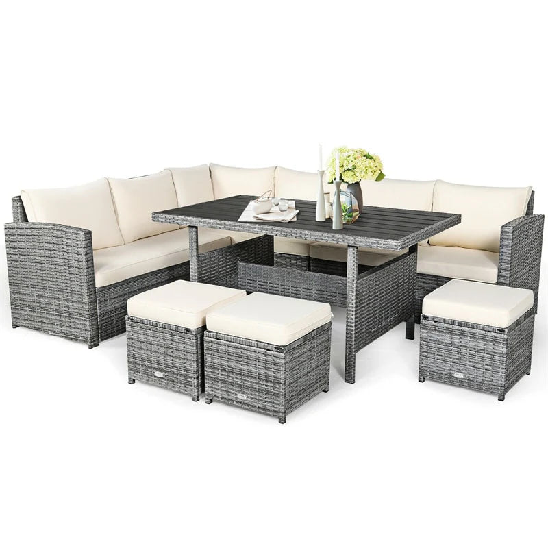 7-Piece PE Rattan Patio Sectional Sofa Set with Dining Table, Ottomans & Cushions, Mix Grey