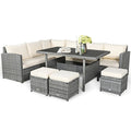 7-Piece PE Rattan Patio Sectional Sofa Set with Dining Table, Ottomans & Cushions, Mix Grey