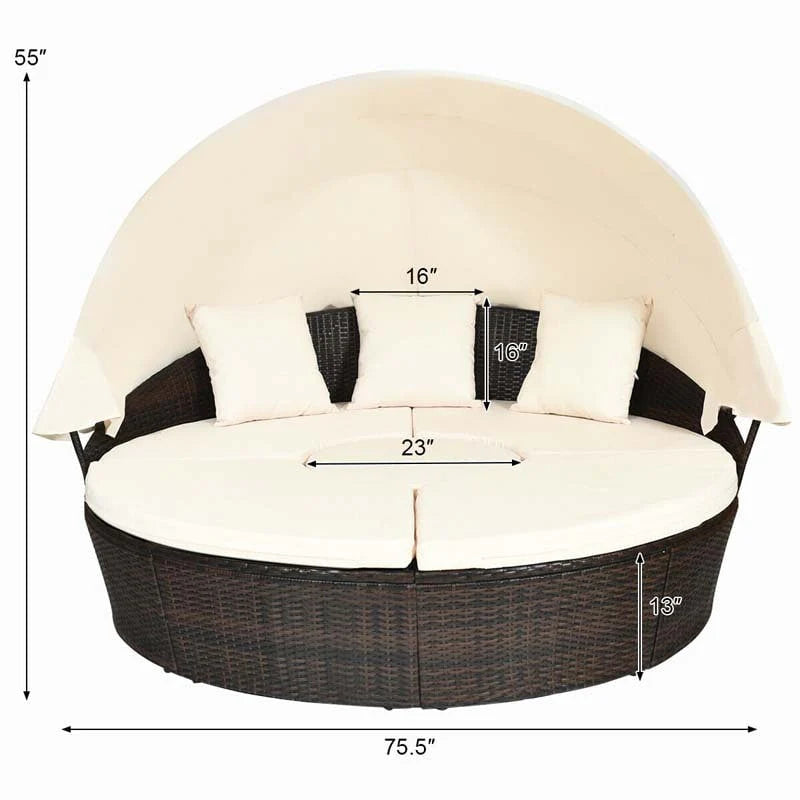 Rattan Wicker Round Patio Daybed with Retractable Canopy & Adjustable Coffee Table – Outdoor Sofa Set