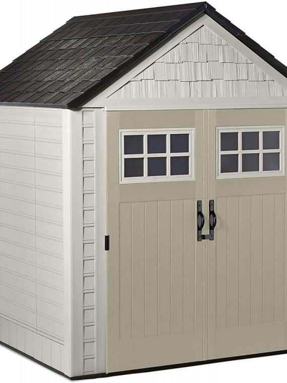 Rubbermaid 7 x 7 ft Weather-Resistant Resin Garden Storage Shed with Windows & Utility Hooks, Sand