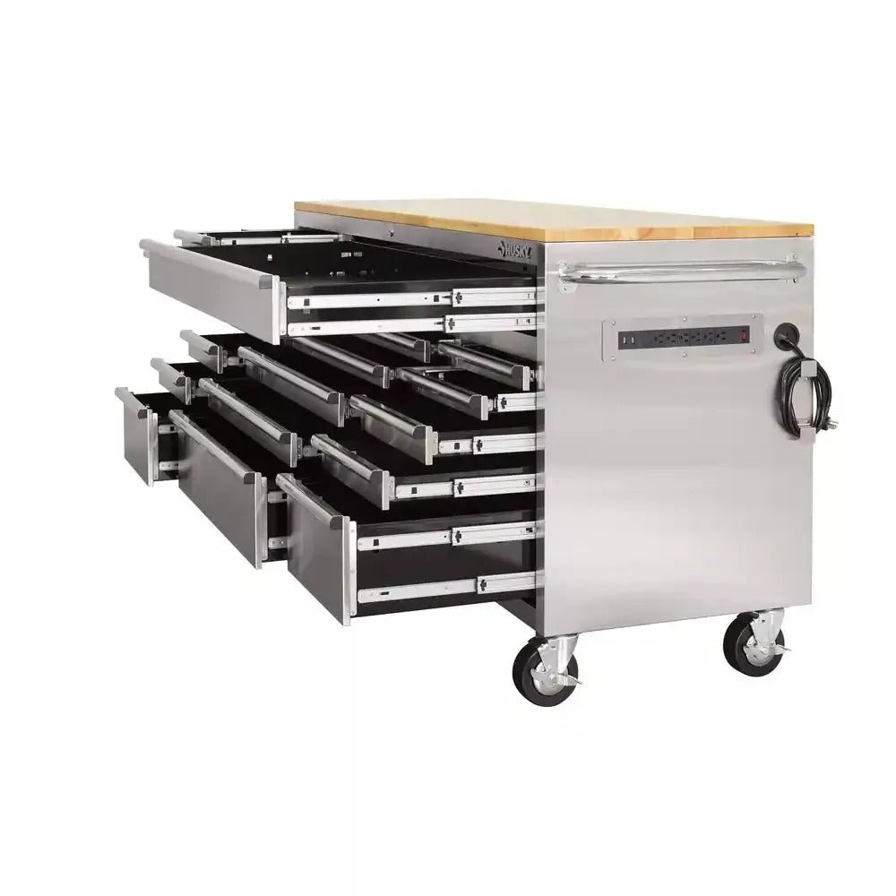 72 in. 18-Drawer Mobile Workbench with Solid Wood Top, 24 in. Deep Rolling Tool Cabinet, Stainless Steel