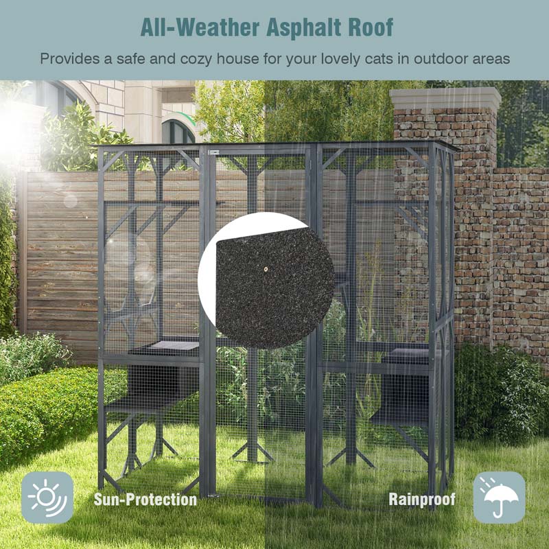 71 Inch Tall Walk-In Wooden Catio - Outdoor Cat Enclosure with 7 Platforms, 2 Condos & Asphalt Roof, Grey