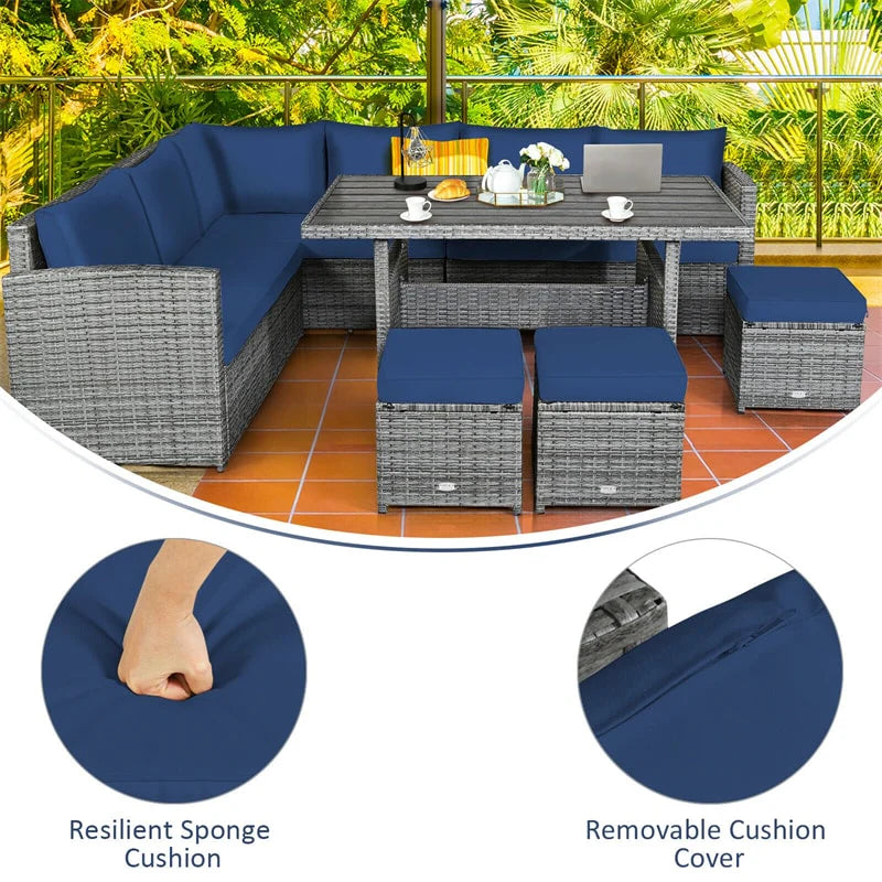 7-Piece PE Rattan Patio Sectional Sofa Set with Dining Table, Ottomans & Cushions, Mix Grey