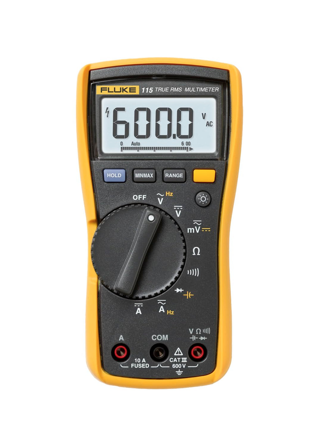 Yellow and black Fluke 115 true-RMS digital multimeter with test leads