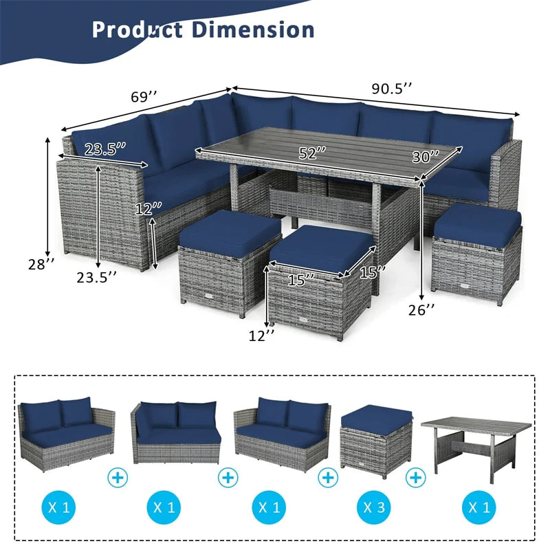 7-Piece PE Rattan Patio Sectional Sofa Set with Dining Table, Ottomans & Cushions, Mix Grey