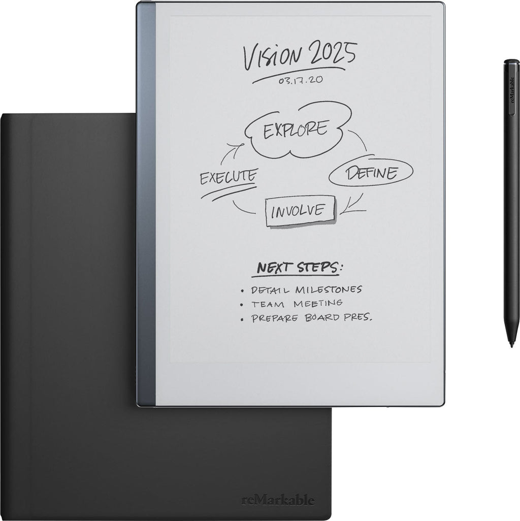 Black reMarkable 2 paper tablet with Marker Plus and leather folio cover