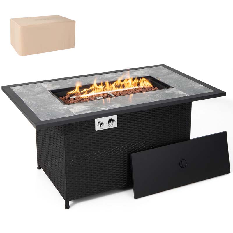 Black rattan 52-inch propane gas fire pit table with marble top and lava rocks