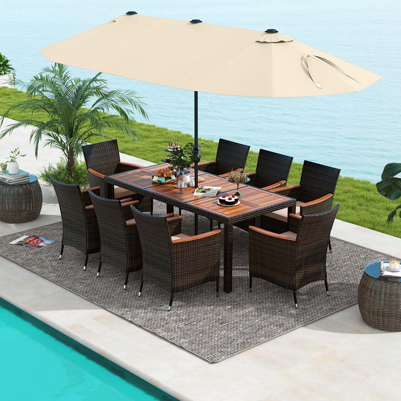 10-Piece Patio Rattan Dining Set with 15 ft Double-Sided Umbrella – Acacia Wood Table & Stackable Cushioned Wicker Chairs