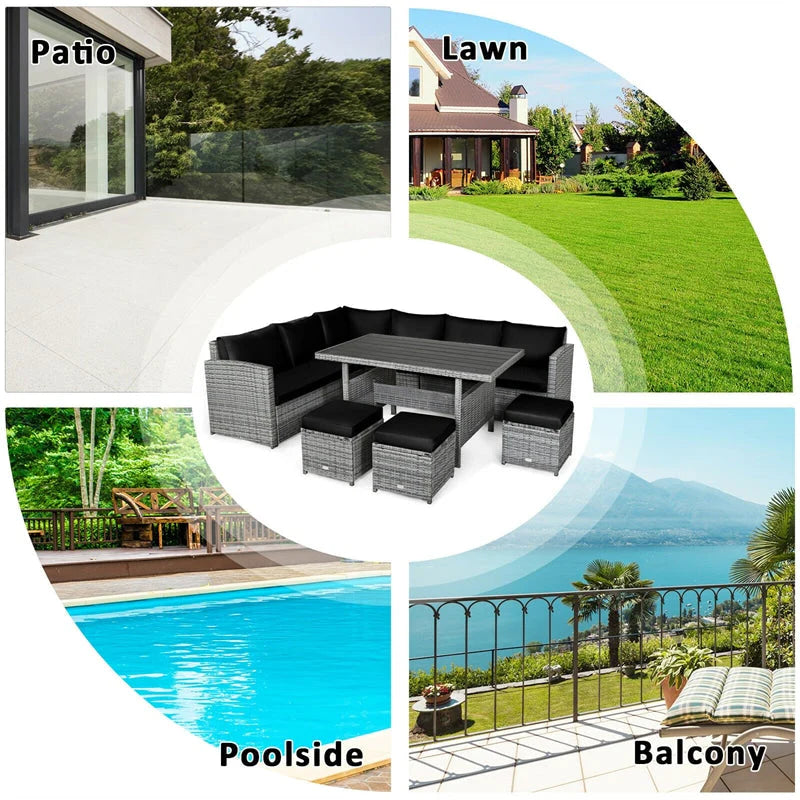 7-Piece Rattan Patio Dining Set – Sectional Sofa with Table, Ottomans & Cushions, Mix Grey