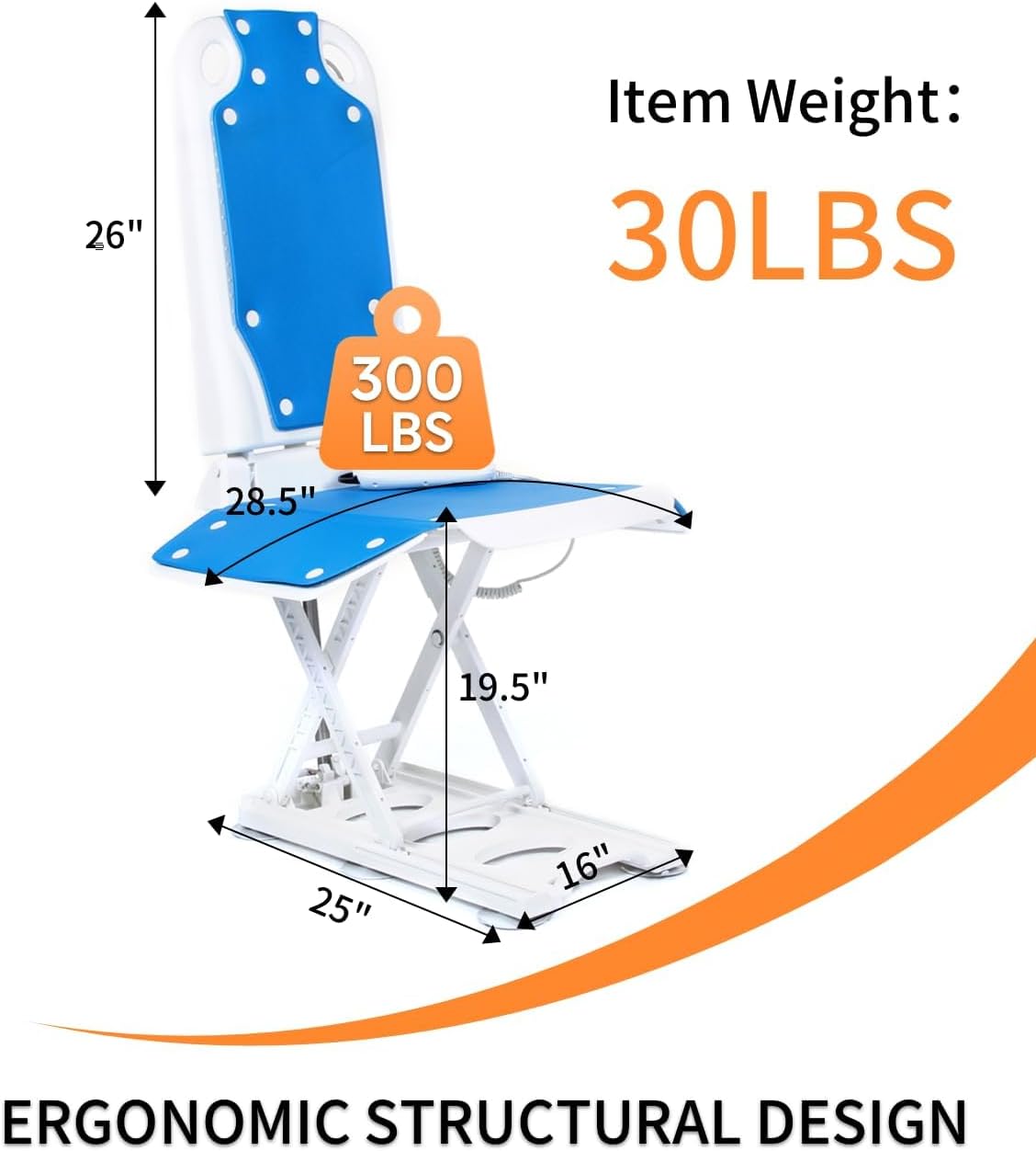 Electric Floor Lift Chair for Elderly, Reclining Lift Assist Raises to 20 Inches, 300 lb Capacity, IPX8 Waterproof, Blue