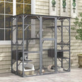 Grey 71-inch tall walk-in outdoor wooden catio with seven platforms