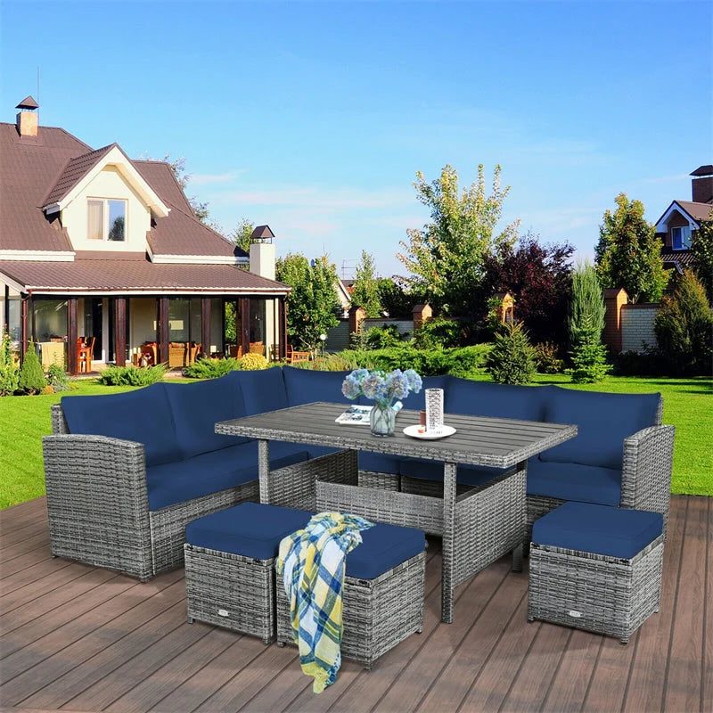 7-Piece Rattan Patio Dining Set – Sectional Sofa with Table, Ottomans & Cushions, Mix Grey