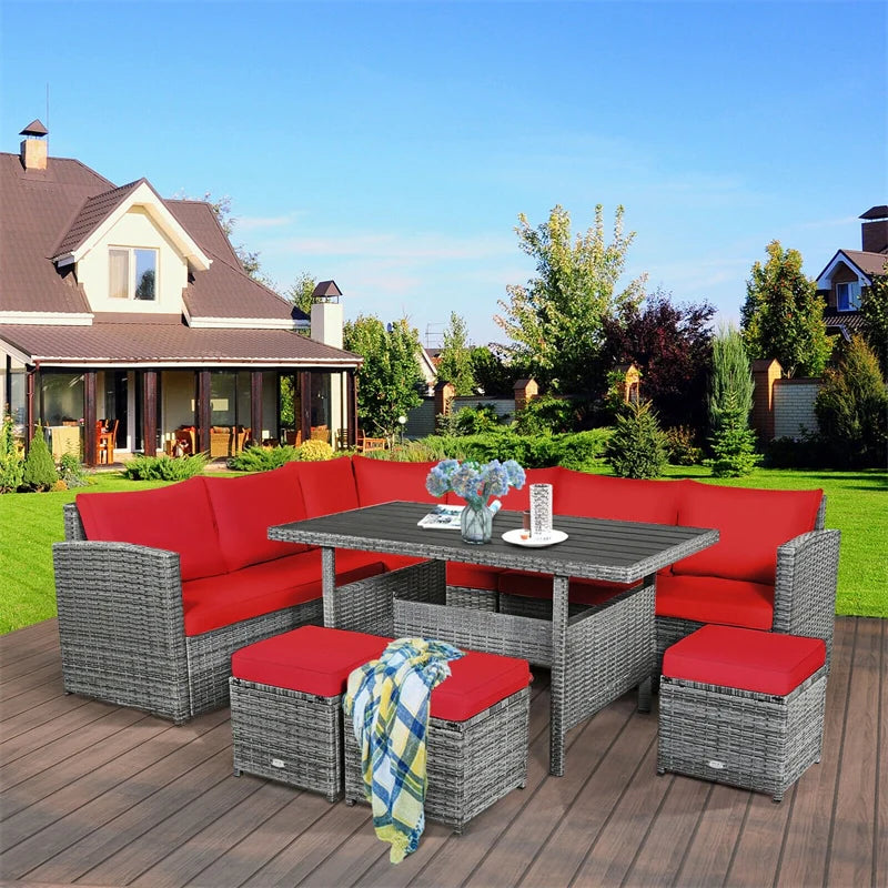 7-Piece PE Rattan Patio Sectional Sofa Set with Dining Table, Ottomans & Cushions, Mix Grey