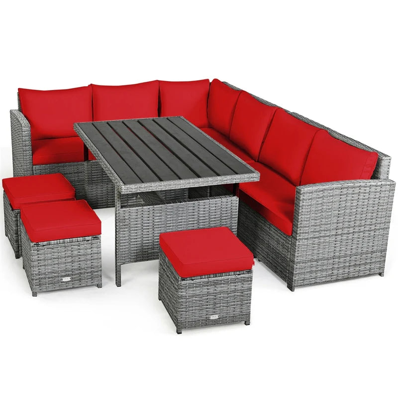 7-Piece PE Rattan Patio Sectional Sofa Set with Dining Table, Ottomans & Cushions, Mix Grey