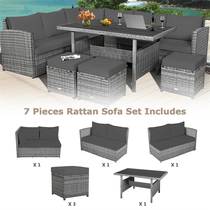 7-Piece Rattan Patio Dining Set – Sectional Sofa with Table, Ottomans & Cushions, Mix Grey