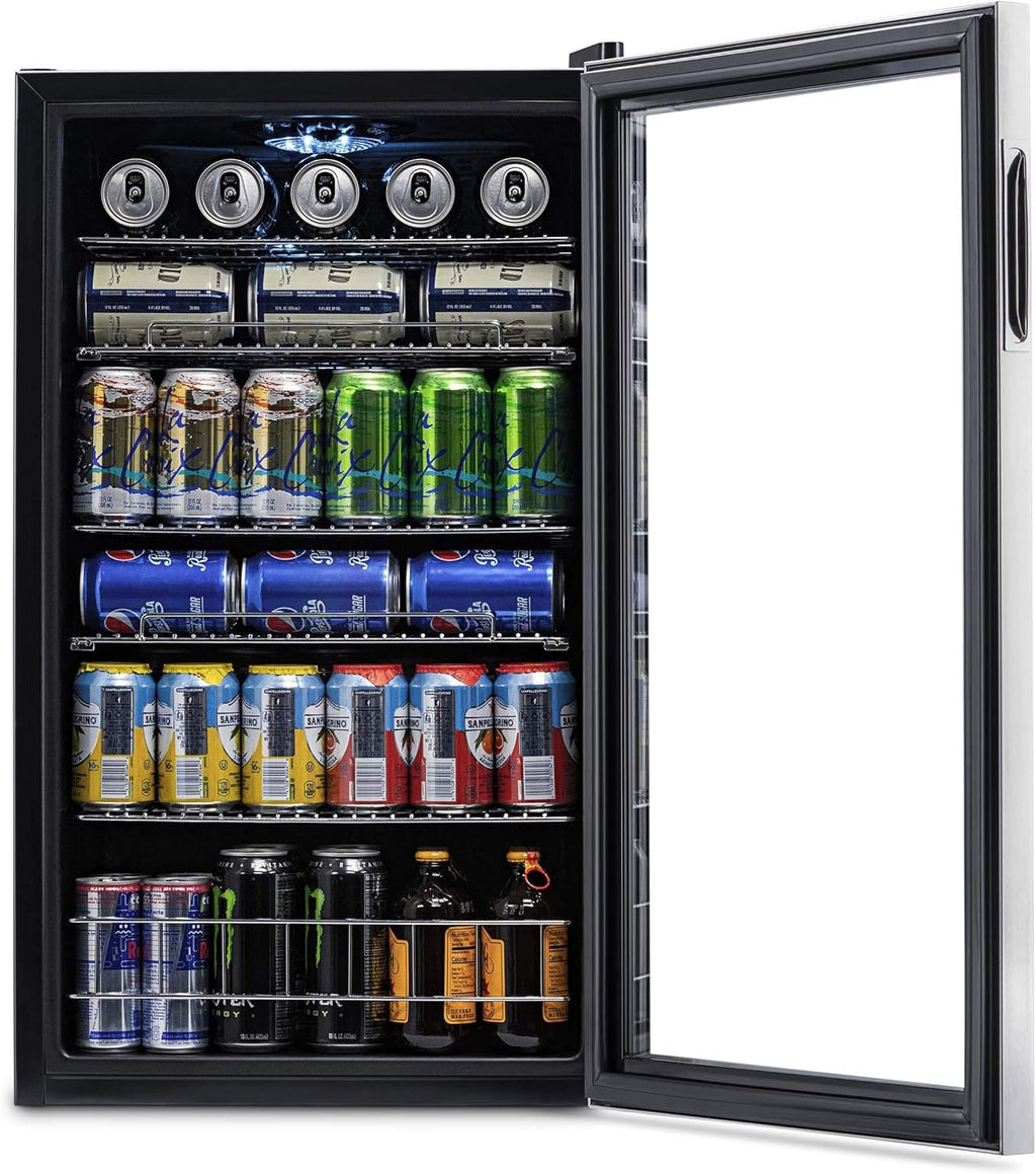 NewAir 126 Can Beverage Refrigerator – Freestanding Mini Fridge, Glass Door, LED, 7 Settings