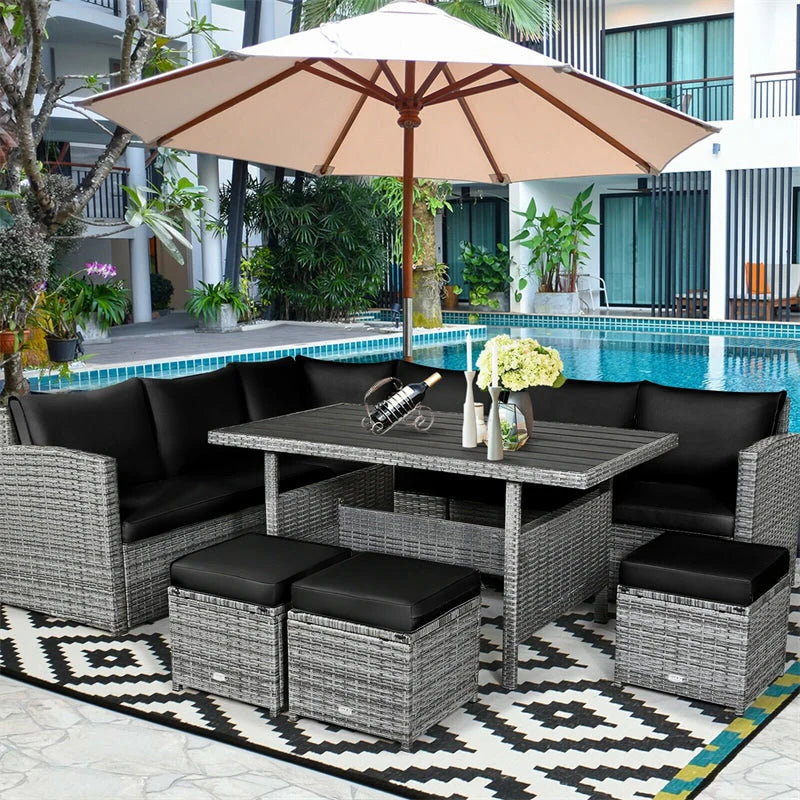 7-Piece Rattan Patio Dining Set – Sectional Sofa with Table, Ottomans & Cushions, Mix Grey
