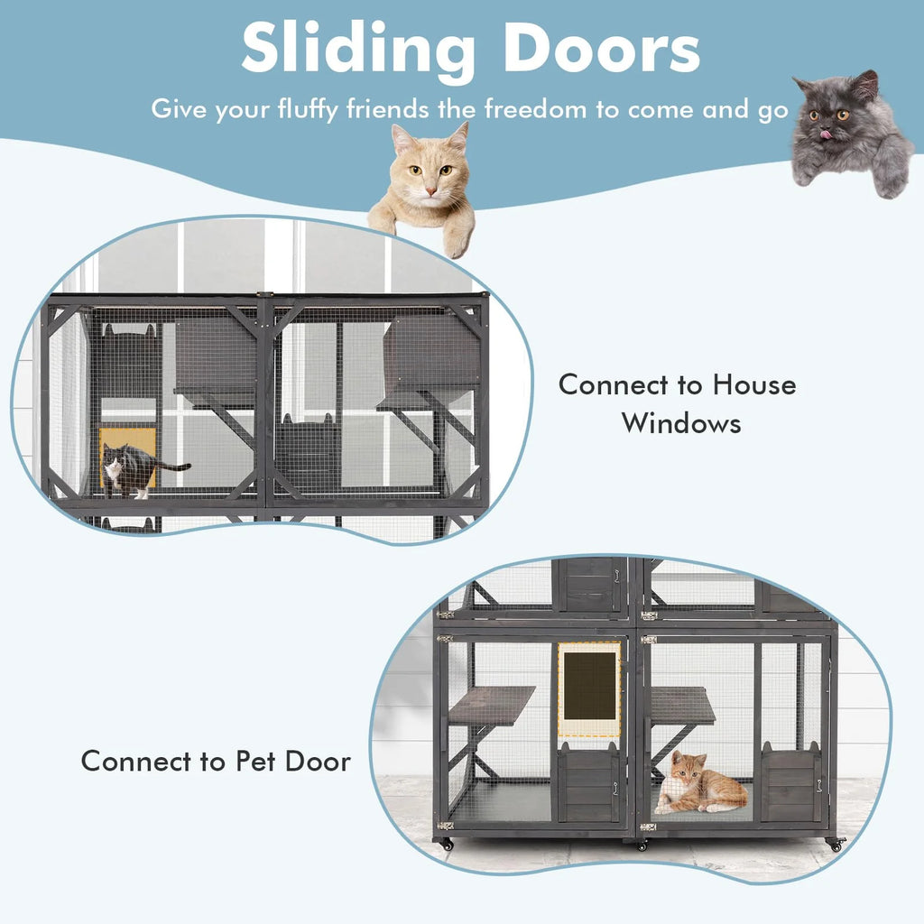 Large Wooden Outdoor Catio Cat Enclosure – 72" Tall Fir Wood Cat House with Asphalt Roof, Wheels & Lockable Doors