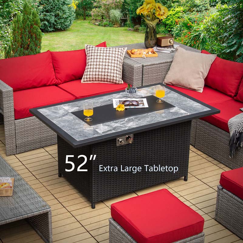 52" Rattan Propane Gas Fire Pit Table – 50,000 BTU, Marble Top, Lava Rocks & Cover