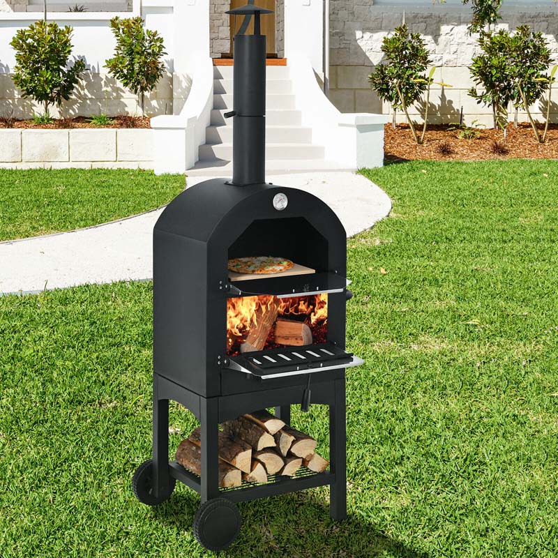 2-Tier Outdoor Wood-Fired Pizza Oven on Wheels – Iron Grill with Pizza Stone, Peel, Thermometer & Waterproof Cover