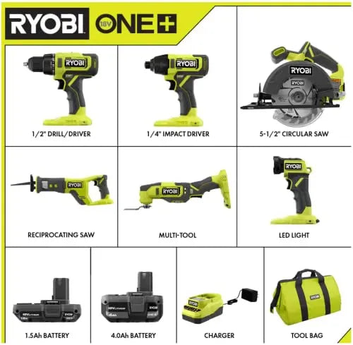 RYOBI ONE+ PCL1600K2 18V 6-Tool Cordless Combo Kit – Drill, Impact Driver, Saws, Multi-Tool & Batteries