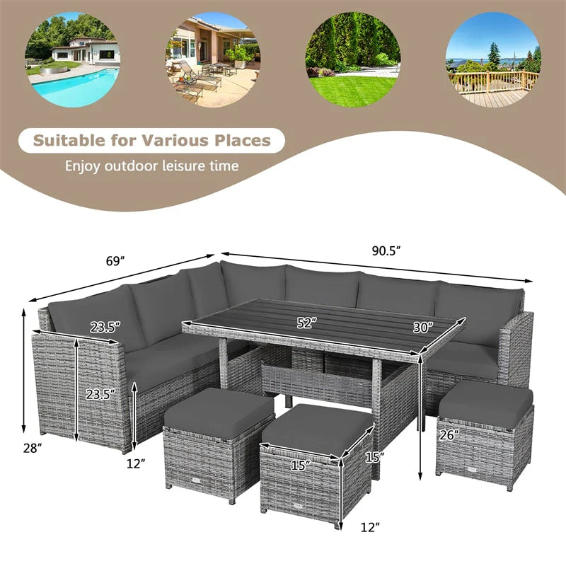 7-Piece Rattan Patio Dining Set – Sectional Sofa with Table, Ottomans & Cushions, Mix Grey