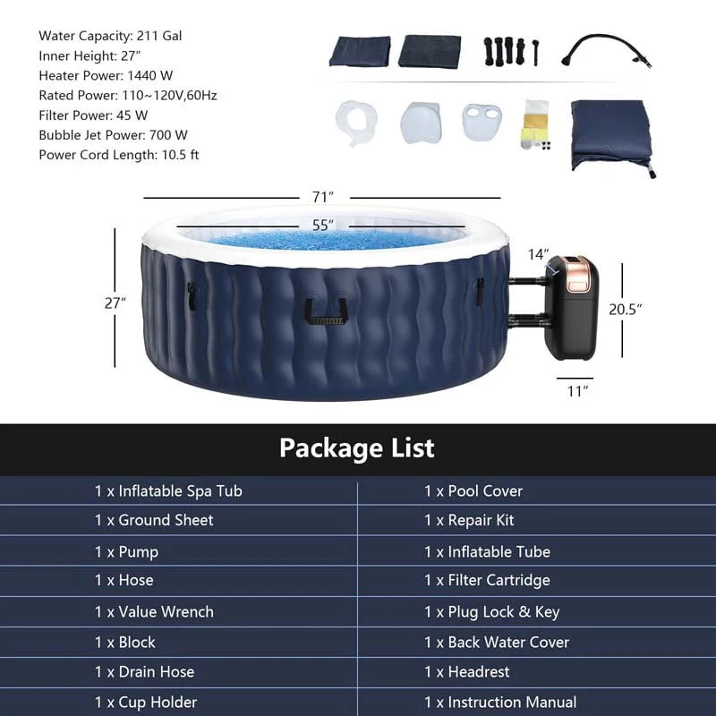 4-Person Inflatable Hot Tub Spa - 108 Bubble Jets, 2240W Heated Blow-Up Pool with Cover, Pump & Filter