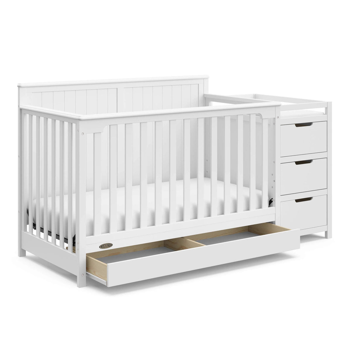 White Graco Hadley convertible baby crib and changer with storage drawer