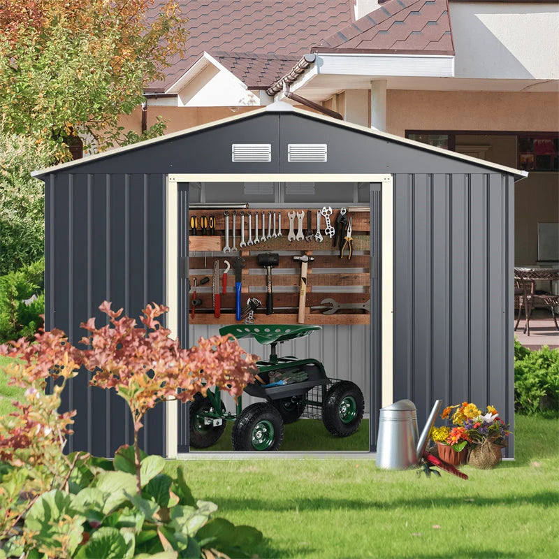 Grey 9 x 6 foot outdoor metal garden storage shed with double doors