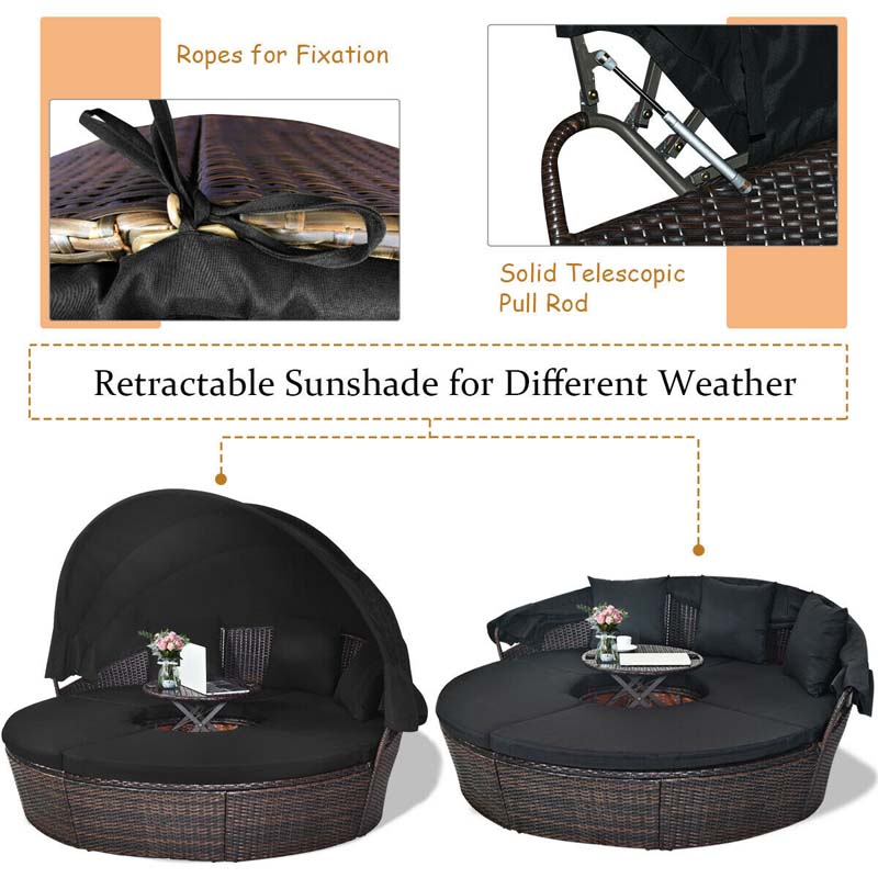 Rattan Wicker Round Patio Daybed with Retractable Canopy & Adjustable Coffee Table – Outdoor Sofa Set