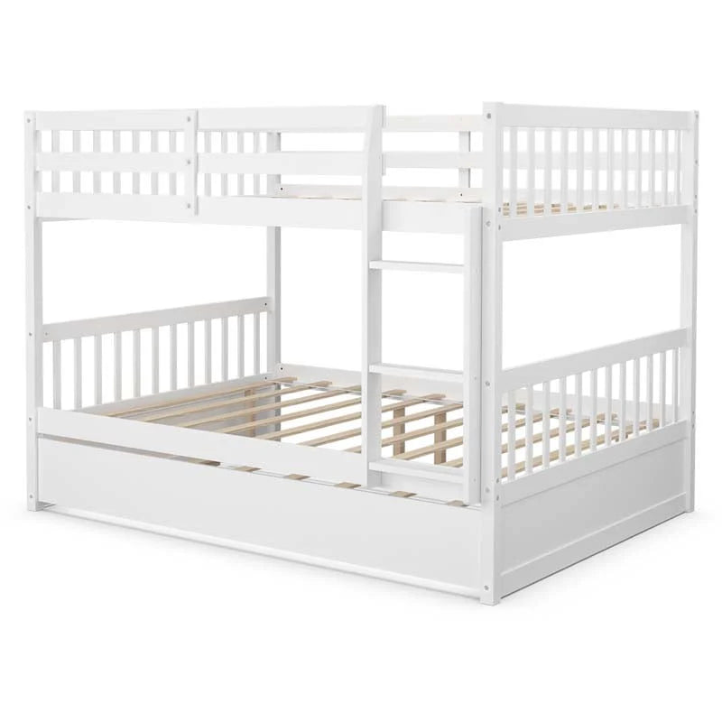 Solid Wood Full-over-Full Bunk Bed Frame with Trundle, Ladder & Guardrails, Convertible for Kids & Teens