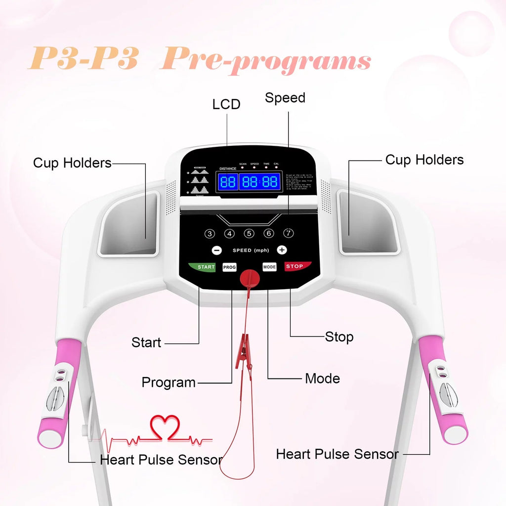 FYC Foldable Electric Treadmill – 2.5 HP Brushless Motor, 7.5 MPH, LED Display & Heart-Rate Sensor (Pink)