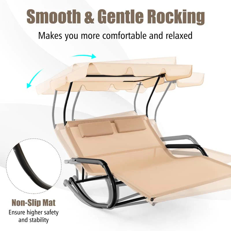2-Person Patio Hammock Swing Bed – Extra Large Outdoor Rocking Chaise Lounge with Canopy & Wheels
