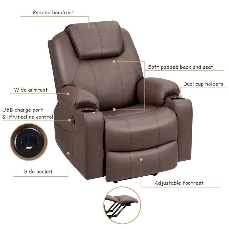 Electric Power Lift Recliner Chair with Heat & 8-Point Massage – USB, Cup Holders, for Elderly