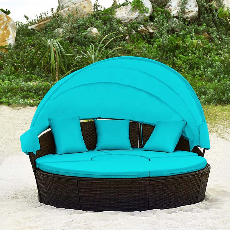 Rattan Wicker Round Patio Daybed with Retractable Canopy & Adjustable Coffee Table – Outdoor Sofa Set