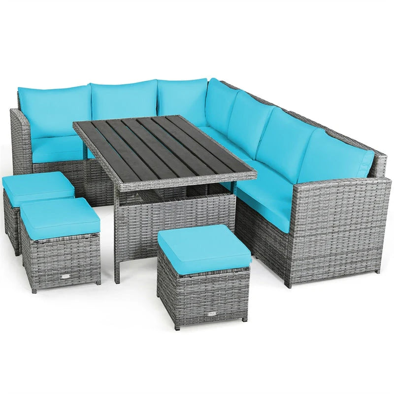 7-Piece Rattan Patio Dining Set – Sectional Sofa with Table, Ottomans & Cushions, Mix Grey