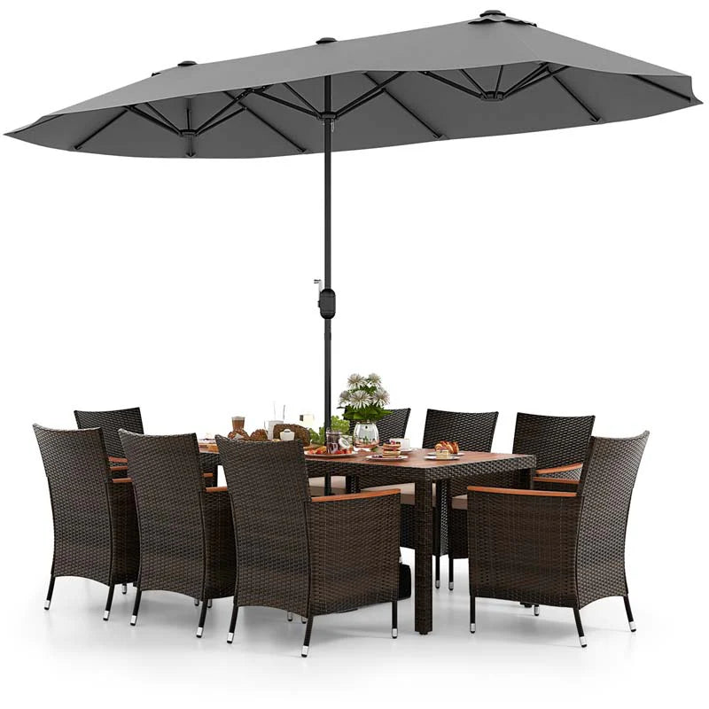 10-Piece Patio Rattan Dining Set with 15 ft Double-Sided Umbrella – Acacia Wood Table & Stackable Cushioned Wicker Chairs