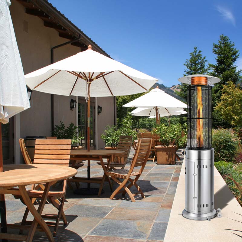 41,000 BTU Stainless Steel Patio Heater – Standing Glass Tube Flame Heater with Wheels, Push-Button Ignition