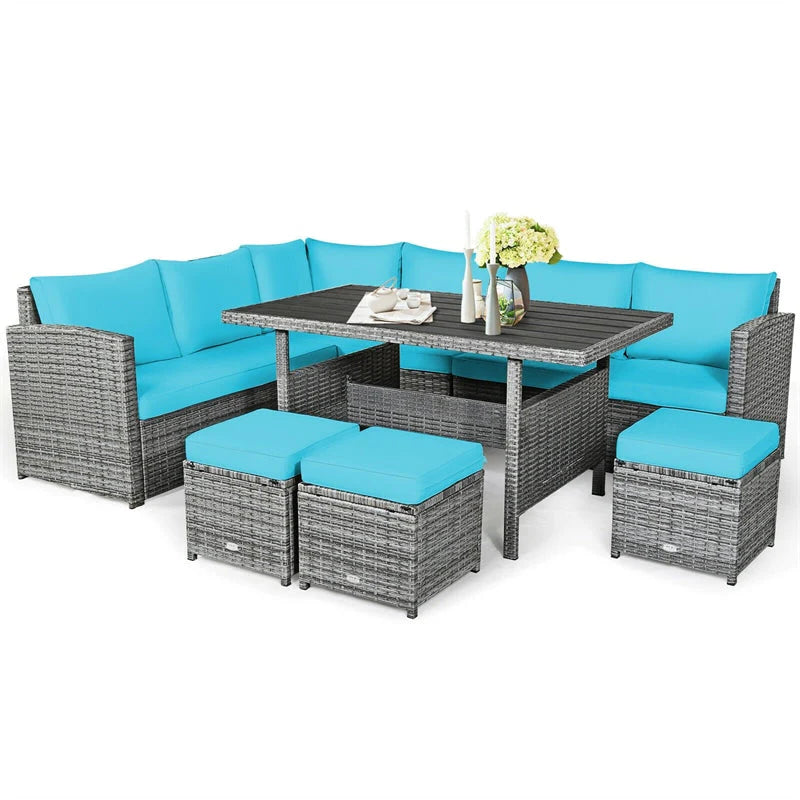 7-Piece Rattan Patio Dining Set – Sectional Sofa with Table, Ottomans & Cushions, Mix Grey