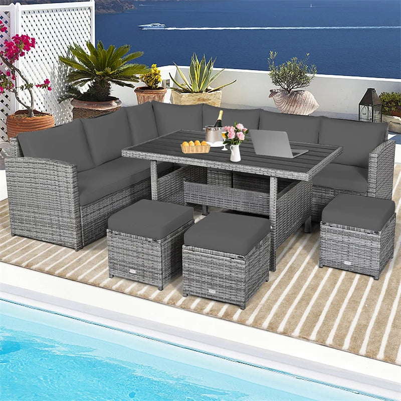 7-Piece PE Rattan Patio Sectional Sofa Set with Dining Table, Ottomans & Cushions, Mix Grey