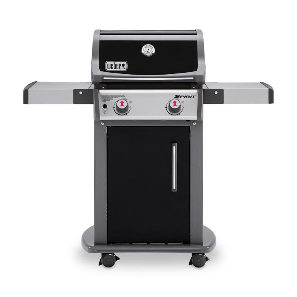 Black Weber Spirit E-210 liquid propane gas grill with lid thermometer