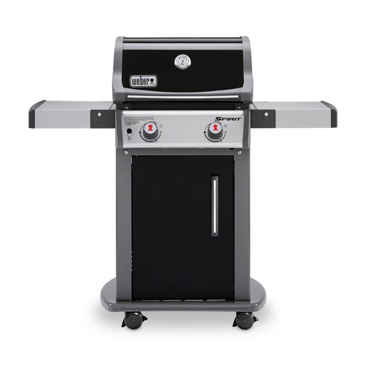 Black Weber Spirit E-210 liquid propane gas grill with lid thermometer