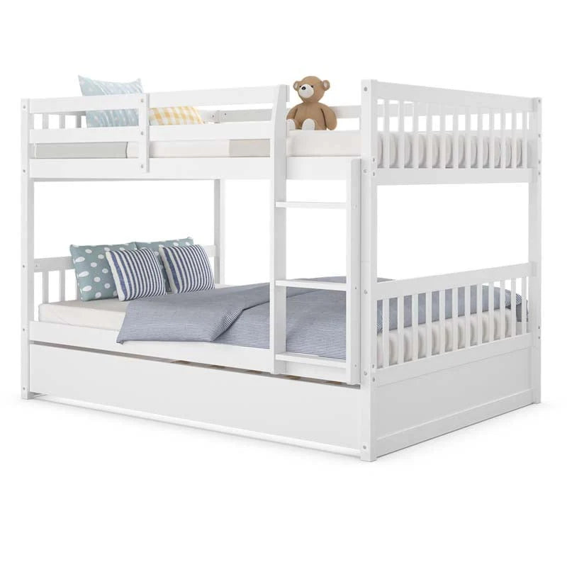 Solid Wood Full-over-Full Bunk Bed Frame with Trundle, Ladder & Guardrails, Convertible for Kids & Teens
