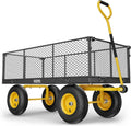 Black 1400 lb steel garden wagon cart with removable mesh sides and pneumatic tyres