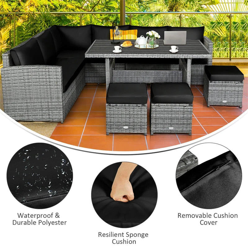 7-Piece Rattan Patio Dining Set – Sectional Sofa with Table, Ottomans & Cushions, Mix Grey