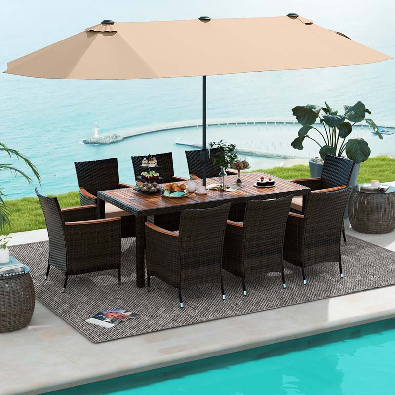 10-Piece Patio Rattan Dining Set with 15 ft Double-Sided Umbrella – Acacia Wood Table & Stackable Cushioned Wicker Chairs