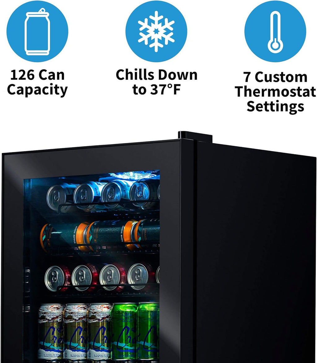 NewAir 126 Can Beverage Refrigerator – Freestanding Mini Fridge, Glass Door, LED, 7 Settings