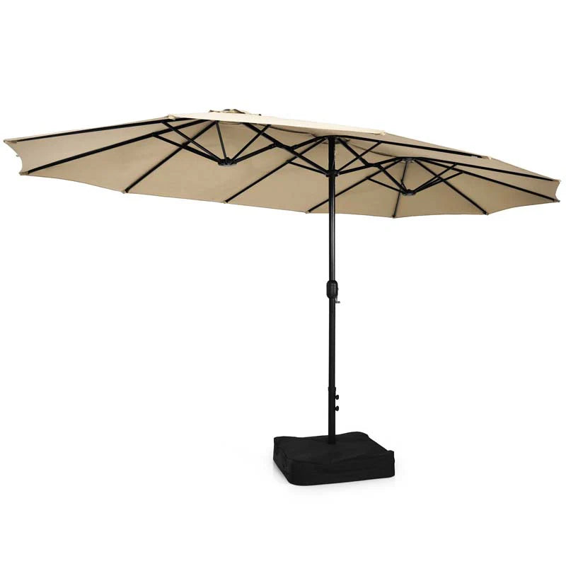 10-Piece Patio Rattan Dining Set with 15 ft Double-Sided Umbrella – Acacia Wood Table & Stackable Cushioned Wicker Chairs
