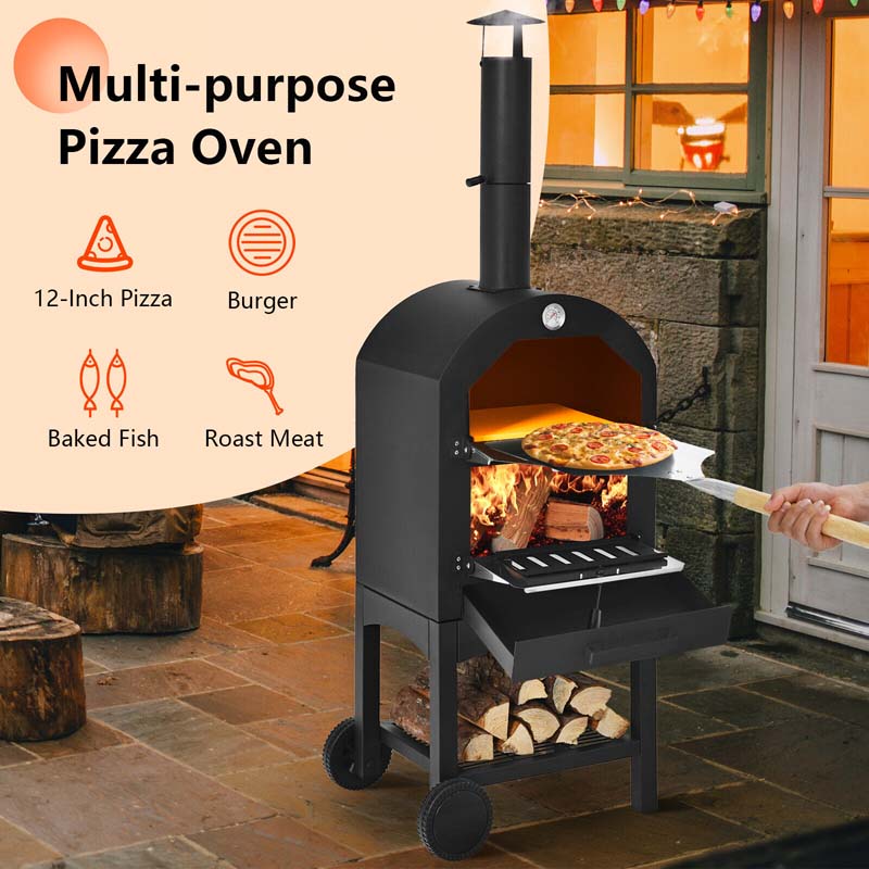2-Tier Outdoor Wood-Fired Pizza Oven on Wheels – Iron Grill with Pizza Stone, Peel, Thermometer & Waterproof Cover